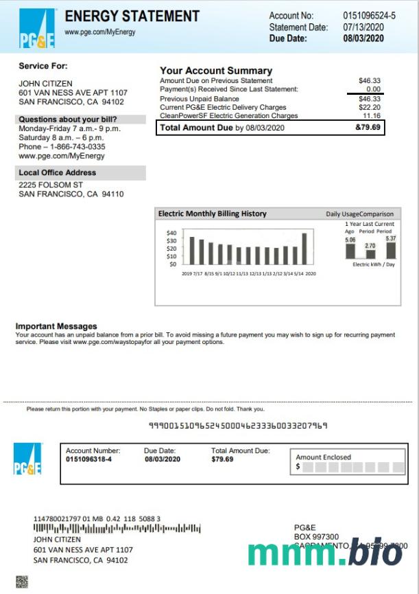 Usa California PG & E elektryczność rachunek za media szablon w formacie Word i PDF